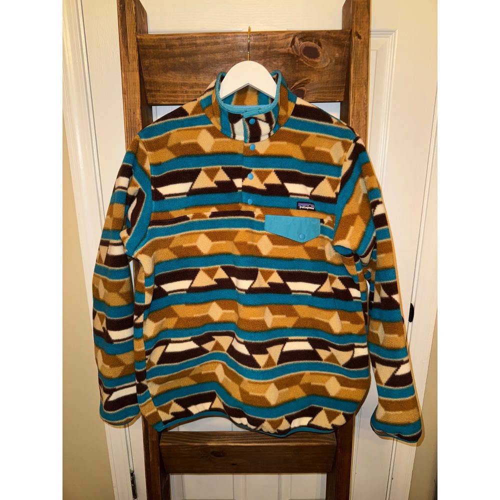 Patagonia Synchilla Snap-T Fleece Pullover Geometric Print Blue Brown Women's L
